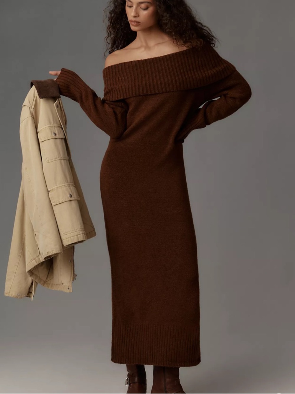 Anthropologie Daily Practice Chocolate Brown Off Shoulder Foldover Sweater Dress